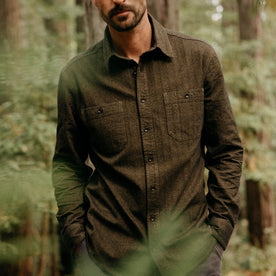 fit model in The Utility Shirt in Tarnished Brass Herringbone