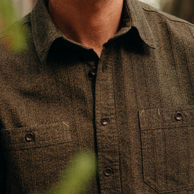 fit model showing the herringbone texture on The Utility Shirt in Tarnished Brass Herringbone