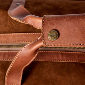 material shot of the leather handles with snap closure on The Weekender Duffle in Chocolate Roughout