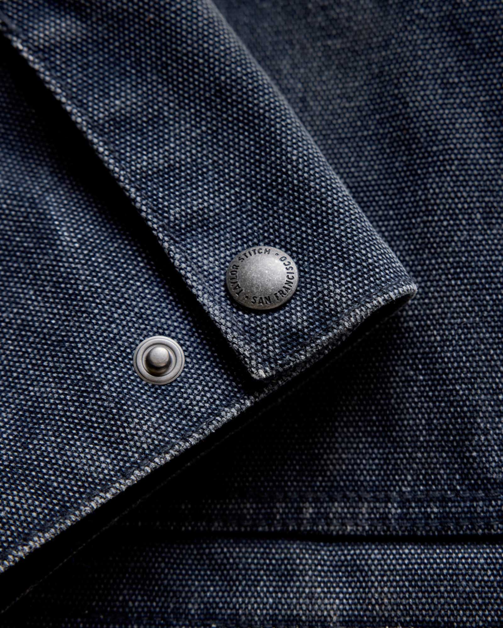 material shot of the YKK zipper on The Workhorse Jacket in Navy Chipped Canvas, Outerwear by Taylor Stitch