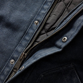 material shot of the YKK zipper on The Workhorse Jacket in Navy Chipped Canvas