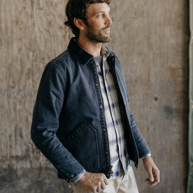 fit model in The Workhorse Jacket in Navy Chipped Canvas