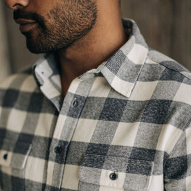 fit model showing the front of The Yosemite Shirt in Birch Buffalo Check