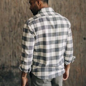 fit model showing the back of The Yosemite Shirt in Birch Buffalo Check