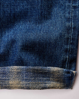 material shot of the brushed interior lining on The Democratic Brushed Back Jean in Collins Resin Wash Selvage Denim, Bottoms by Taylor Stitch