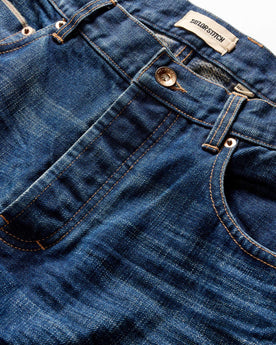material shot of the button fly closed on The Democratic Brushed Back Jean in Collins Resin Wash Selvage Denim, Bottoms by Taylor Stitch