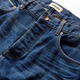 material shot of the button fly closed on The Democratic Brushed Back Jean in Collins Resin Wash Selvage Denim