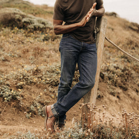 fit model in The Democratic Brushed Back Jean in Collins Resin Wash Selvage Denim