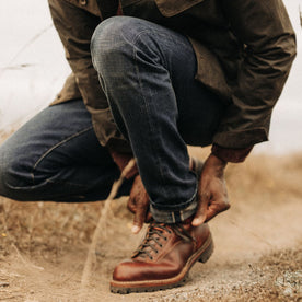 fit model cuffing The Democratic Brushed Back Jean in Collins Resin Wash Selvage Denim