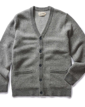 flatlay of The Eddy Cardigan in Ash Herringbone Merino, Knits by Taylor Stitch