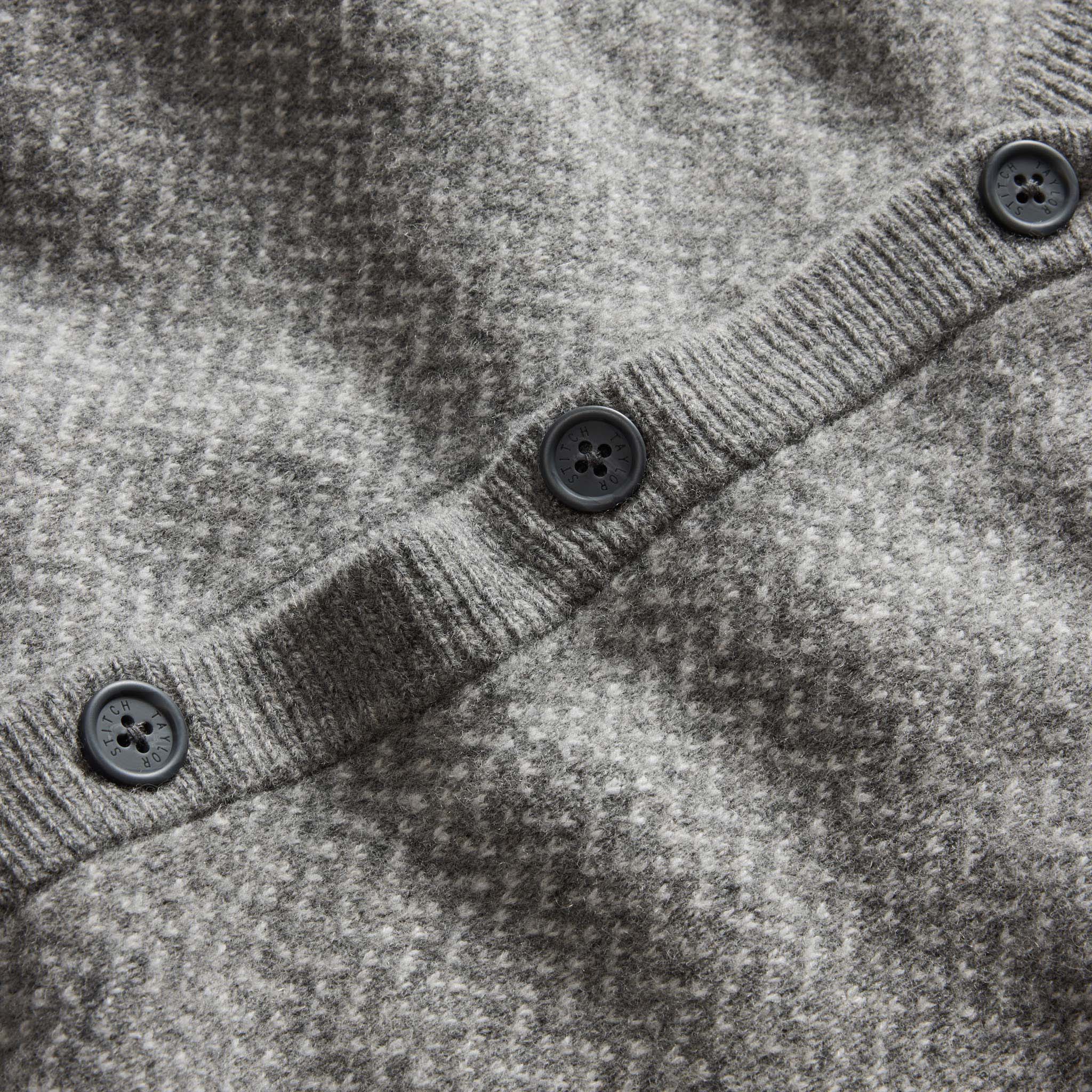 material shot of the horn buttons on The Eddy Cardigan in Ash Herringbone Merino, Knits by Taylor Stitch