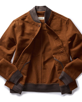 flatlay of The Bomber Jacket in Tarnished Copper Moleskin, shown open, Outerwear by Taylor Stitch