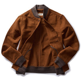 flatlay of The Bomber Jacket in Tarnished Copper Moleskin, shown open