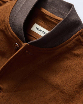 material shot of the collar on The Bomber Jacket in Tarnished Copper Moleskin, Outerwear by Taylor Stitch