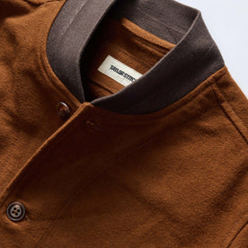 material shot of the collar on The Bomber Jacket in Tarnished Copper Moleskin