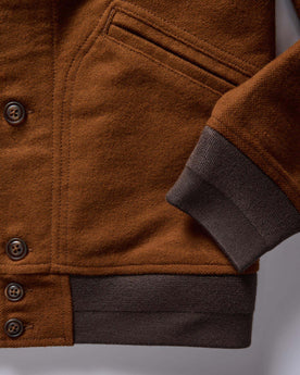 material shot of the ribbed cuffs and hem on The Bomber Jacket in Tarnished Copper Moleskin, Outerwear by Taylor Stitch