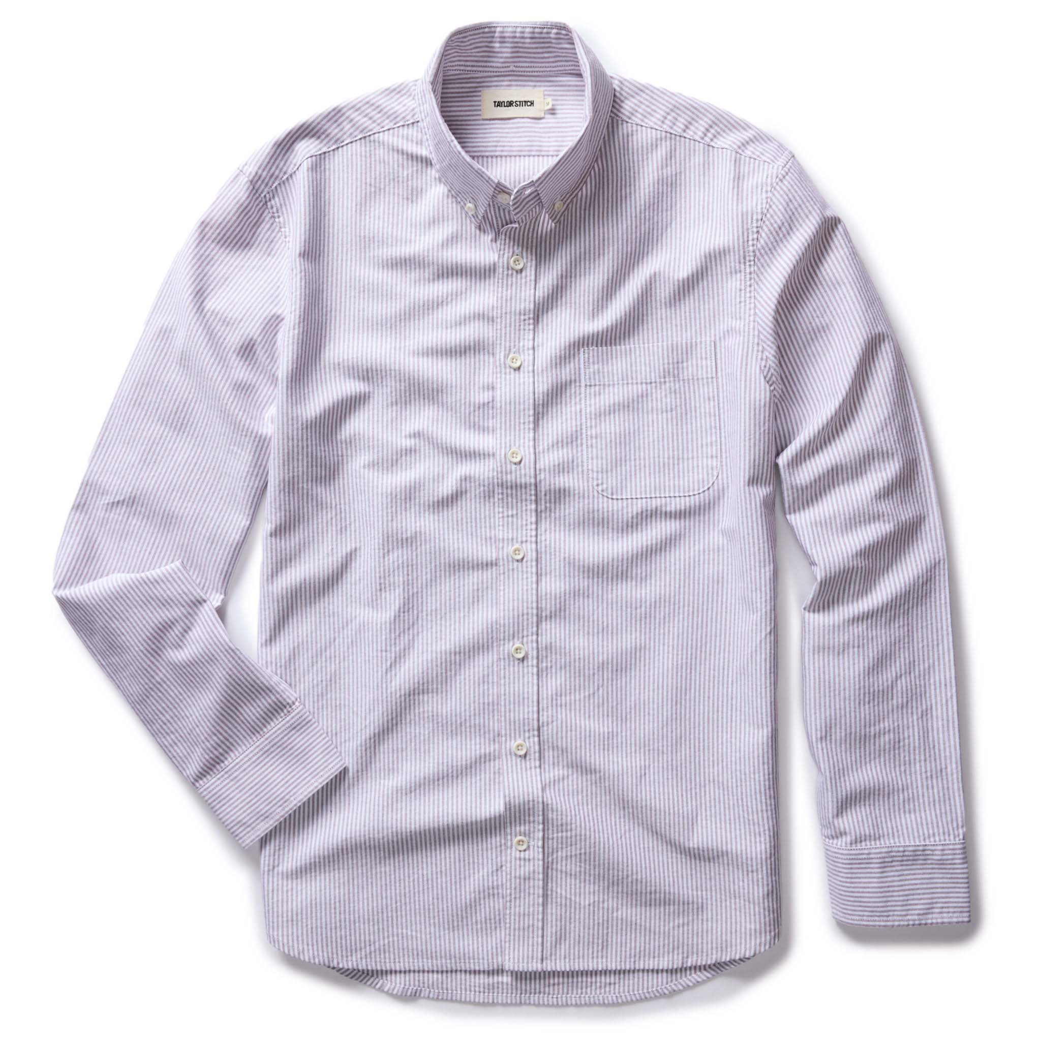 flatlay of The Jack in Burgundy University Stripe Oxford, shown in full, Wovens by Taylor Stitch