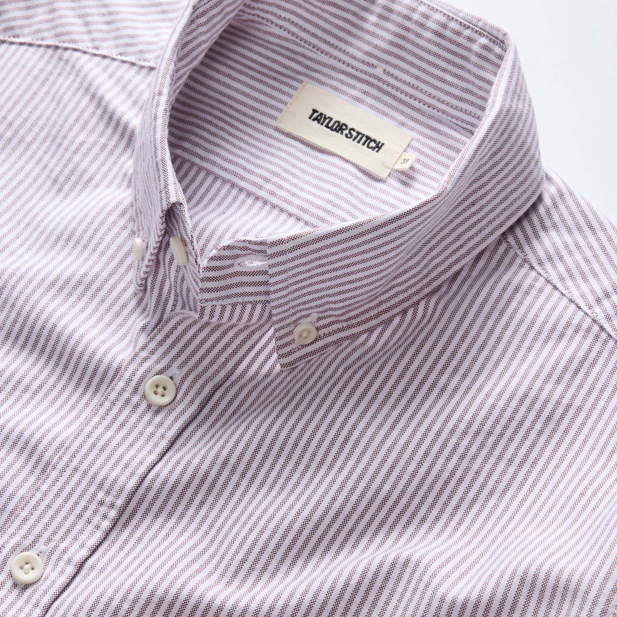 material shot of the collar on The Jack in Burgundy University Stripe Oxford, Wovens by Taylor Stitch