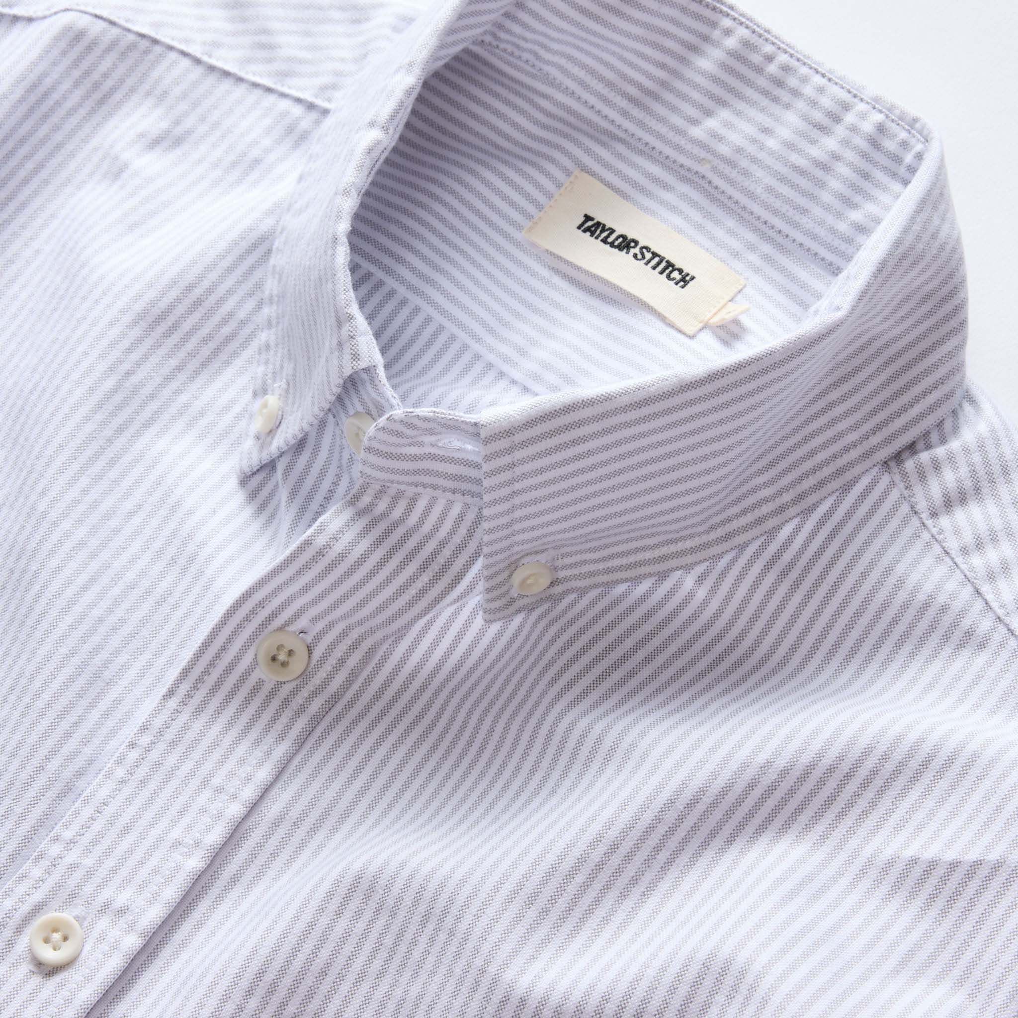 material shot of the collar on The Jack in Greystone University Stripe Oxford, Wovens by Taylor Stitch