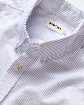 material shot of the collar on The Jack in Greystone University Stripe Oxford, Wovens by Taylor Stitch