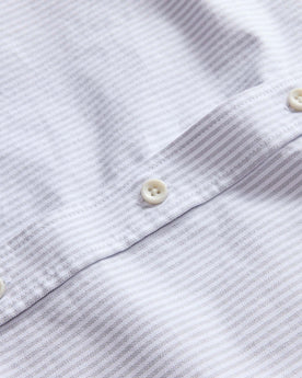 material shot of the buttons on The Jack in Greystone University Stripe Oxford, Wovens by Taylor Stitch
