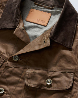 material shot of the collar on The Long Haul Jacket in Dark Khaki Waxed Canvas, Outerwear by Taylor Stitch