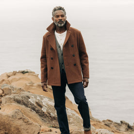 fit model in The Mariner Coat in Tarnished Copper Wool