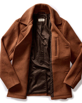 flatlay of The Mariner Coat in Tarnished Copper Wool, shown open, Outerwear by Taylor Stitch