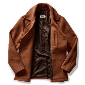 flatlay of The Mariner Coat in Tarnished Copper Wool, shown open