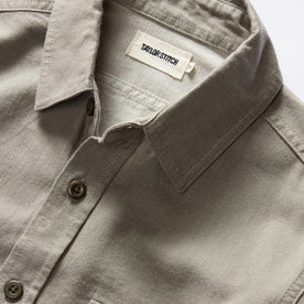 material shot of the collar on The Saddler Shirt in Smoked Olive Twill