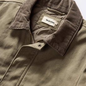 material shot of the corduroy collar on The Workhorse Jacket in Stone Boss Duck