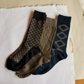 The Crew Sock in Coal Jacquard, Navy Kilim and Raindrop Camo