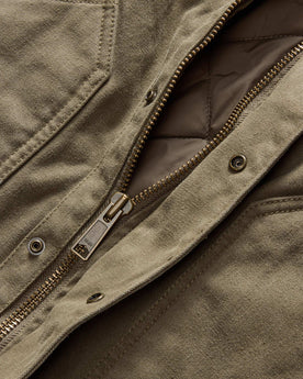 material shot of the YKK zipper on The Workhorse Jacket in Stone Boss Duck, Outerwear by Taylor Stitch