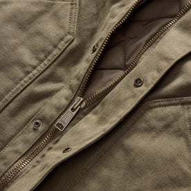 material shot of the YKK zipper on The Workhorse Jacket in Stone Boss Duck