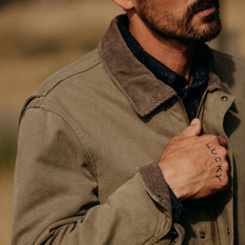 fit model showing the corduroy collar on The Workhorse Jacket in Stone Boss Duck