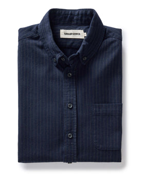 folded flatlay of The Jack in Brushed Heather Navy Stripe, Wovens by Taylor Stitch