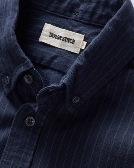 material shot of the collar on The Jack in Brushed Heather Navy Stripe, Wovens by Taylor Stitch
