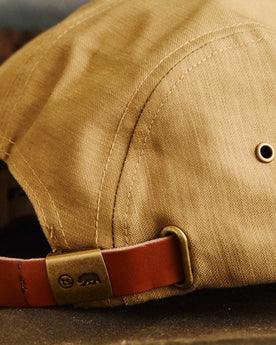 editorial image of the band on The 5-Panel Cap in Khaki Reverse Sateen, Accessories by Taylor Stitch