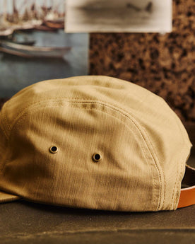 editorial image of the side of The 5-Panel Cap in Khaki Reverse Sateen, Accessories by Taylor Stitch