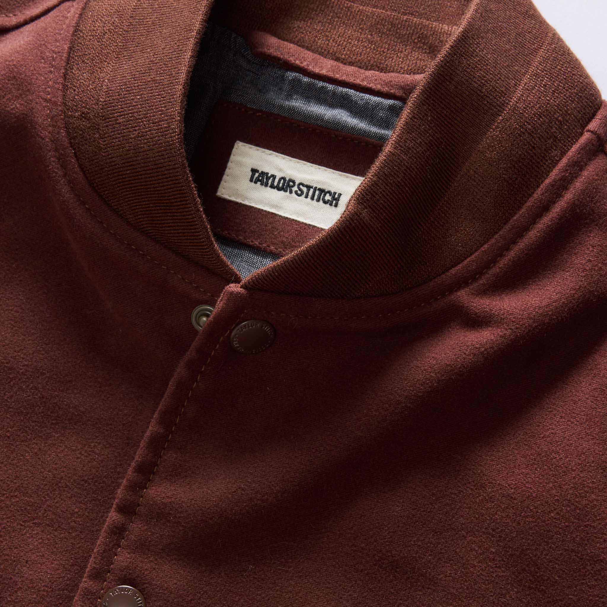 material shot of the collar on The Campus Jacket in Burgundy Moleskin, Outerwear by Taylor Stitch
