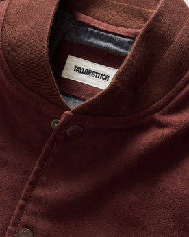 material shot of the collar on The Campus Jacket in Burgundy Moleskin, Outerwear by Taylor Stitch