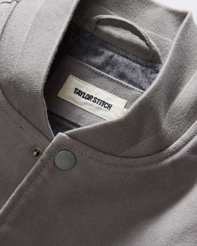 material shot of the collar on The Campus Jacket in Grey Moleskin, Outerwear by Taylor Stitch