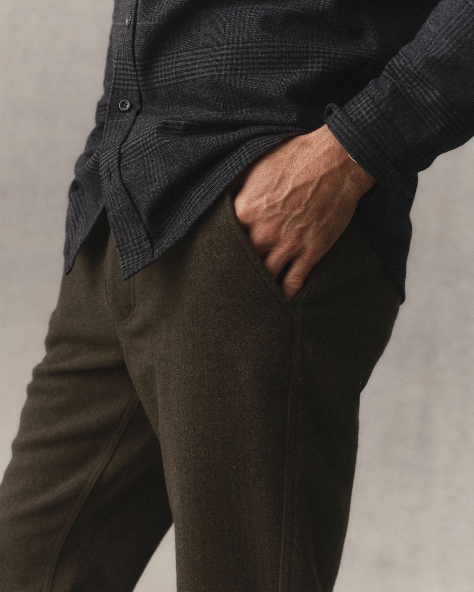 fit model showing off The Carnegie Pant in Army Herringbone Wool, Bottoms by Taylor Stitch