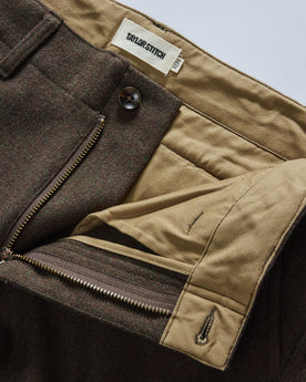 material shot of the zipper fly on The Carnegie Pant in Army Herringbone Wool, Bottoms by Taylor Stitch