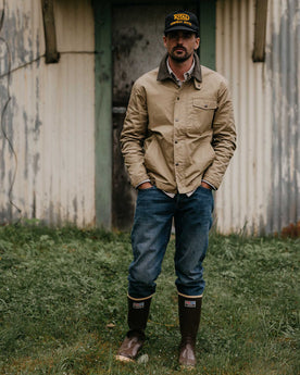 fit model wearing The Deck Waxed Canvas Jacket in Khaki Dry Wax, Outerwear by Taylor Stitch