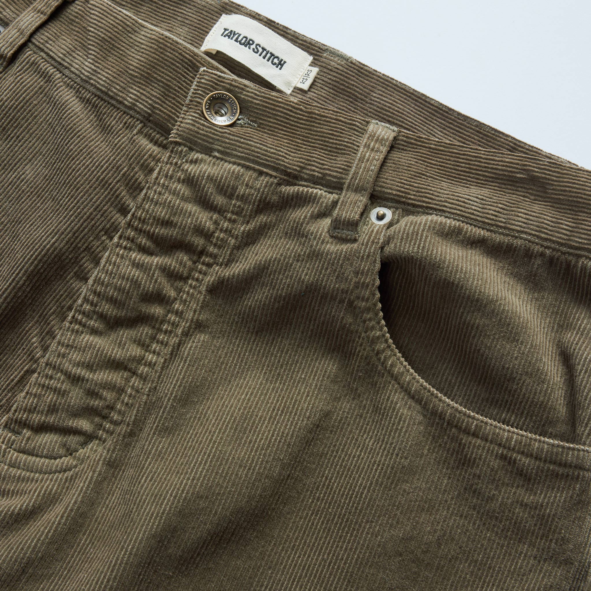 material shot of the waistband on The Democratic 5-Pocket Pant in Fatigue Olive Corduroy, Bottoms by Taylor Stitch