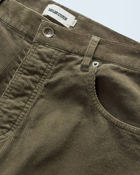 material shot of the waistband on The Democratic 5-Pocket Pant in Fatigue Olive Corduroy, Bottoms by Taylor Stitch