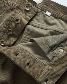 material shot of the button fly on The Democratic 5-Pocket Pant in Fatigue Olive Corduroy, Bottoms by Taylor Stitch