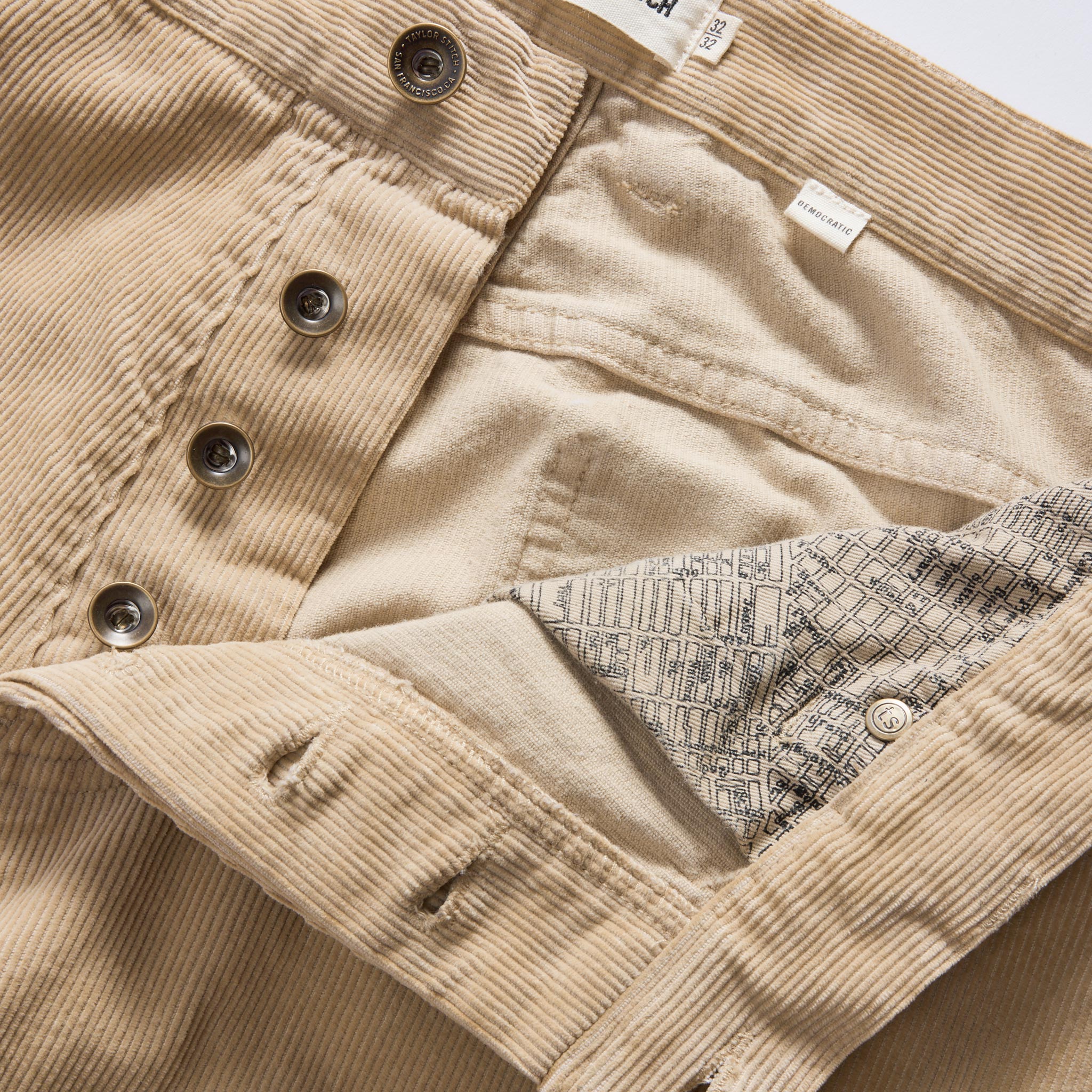 material shot of the button fly on The Democratic 5-Pocket Pant in Washed Khaki Corduroy, Bottoms by Taylor Stitch
