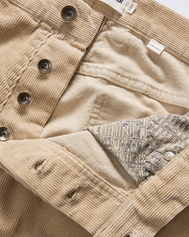 material shot of the button fly on The Democratic 5-Pocket Pant in Washed Khaki Corduroy, Bottoms by Taylor Stitch